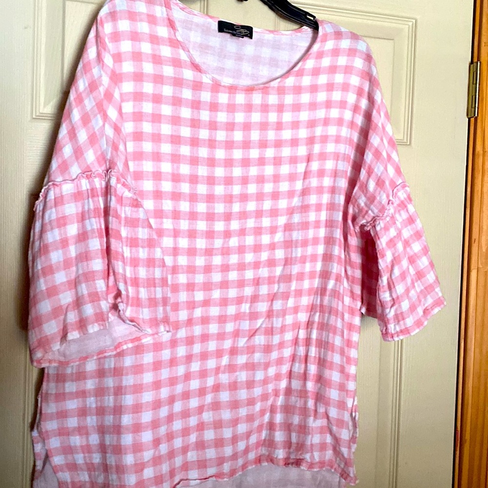 Suzanne Betro pink white gingham top 1X